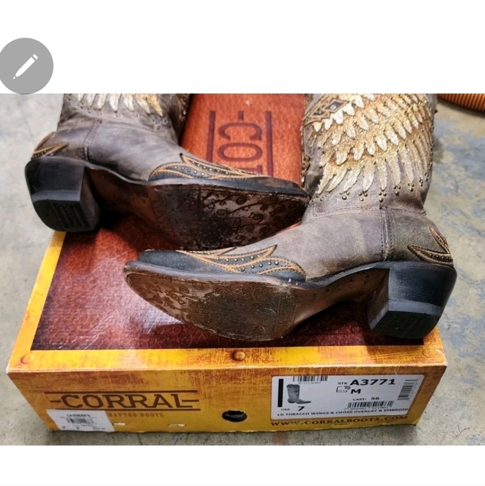 Corral Brown Ld Tobacco Wings & Cross Overlay & Embroidered Boots Size 7 - Picture 5 of 8